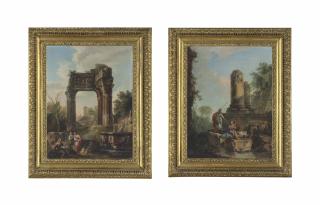 Andrea Locatelli - A capriccio with classical ruins and figures resting by a fountain in the foreground; and A capriccio with classical ruins and a centurion conversing with two figures, with a dog