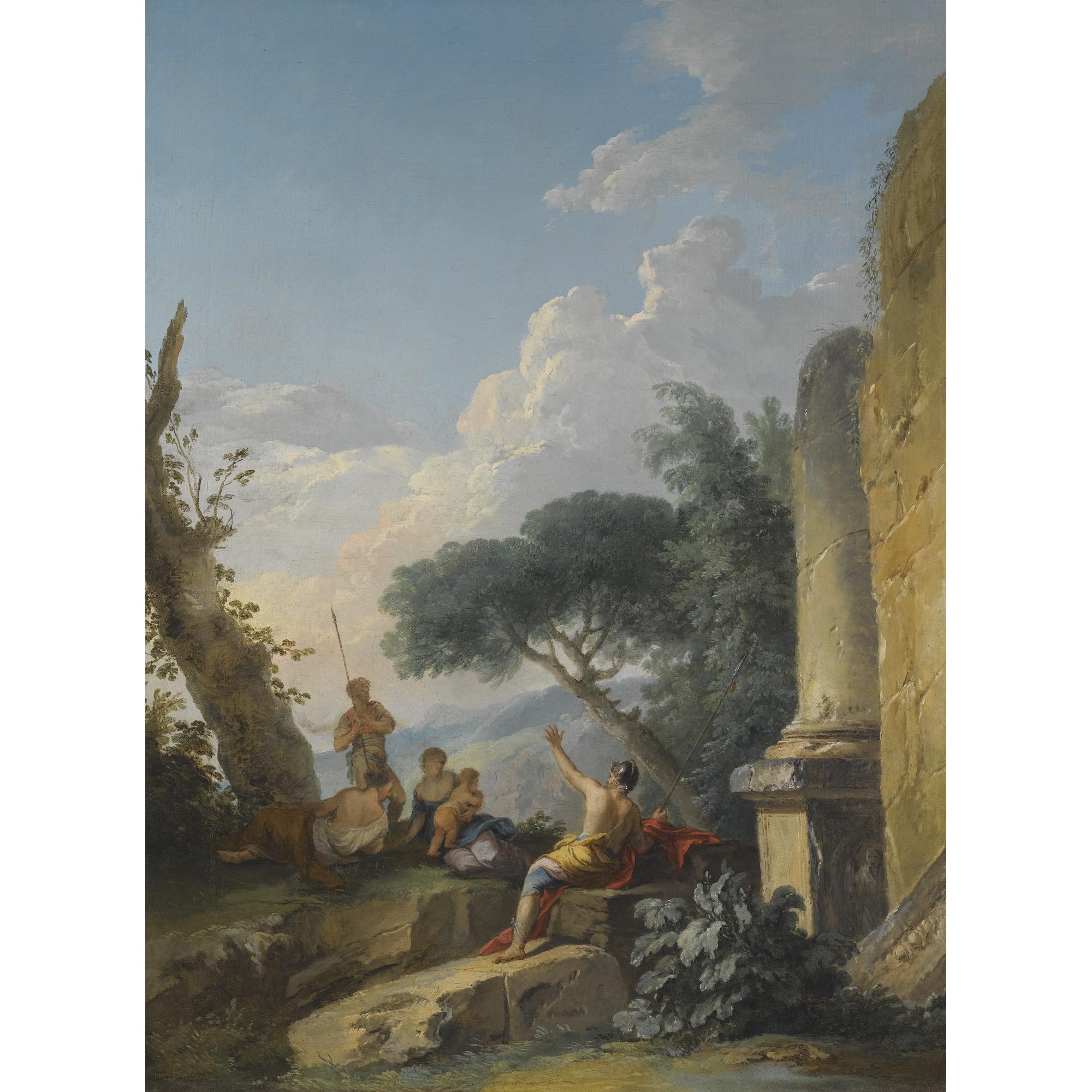 Andrea Locatelli - A Landscape With Figures Resting Beside Classical Ruins