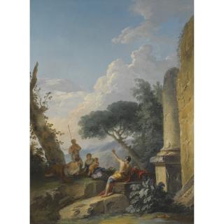 Andrea Locatelli - A Landscape With Figures Resting Beside Classical Ruins