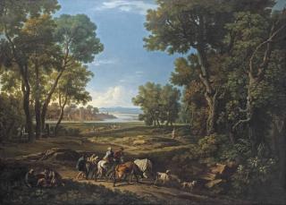 Andrea Locatelli - A Pastoral Landscape With A Family Travelling On Horseback And Figures Resting In The Foreground, Shepherds And Other Figures On The Path Beyond, A Town Wall On The River Bank In The Distance