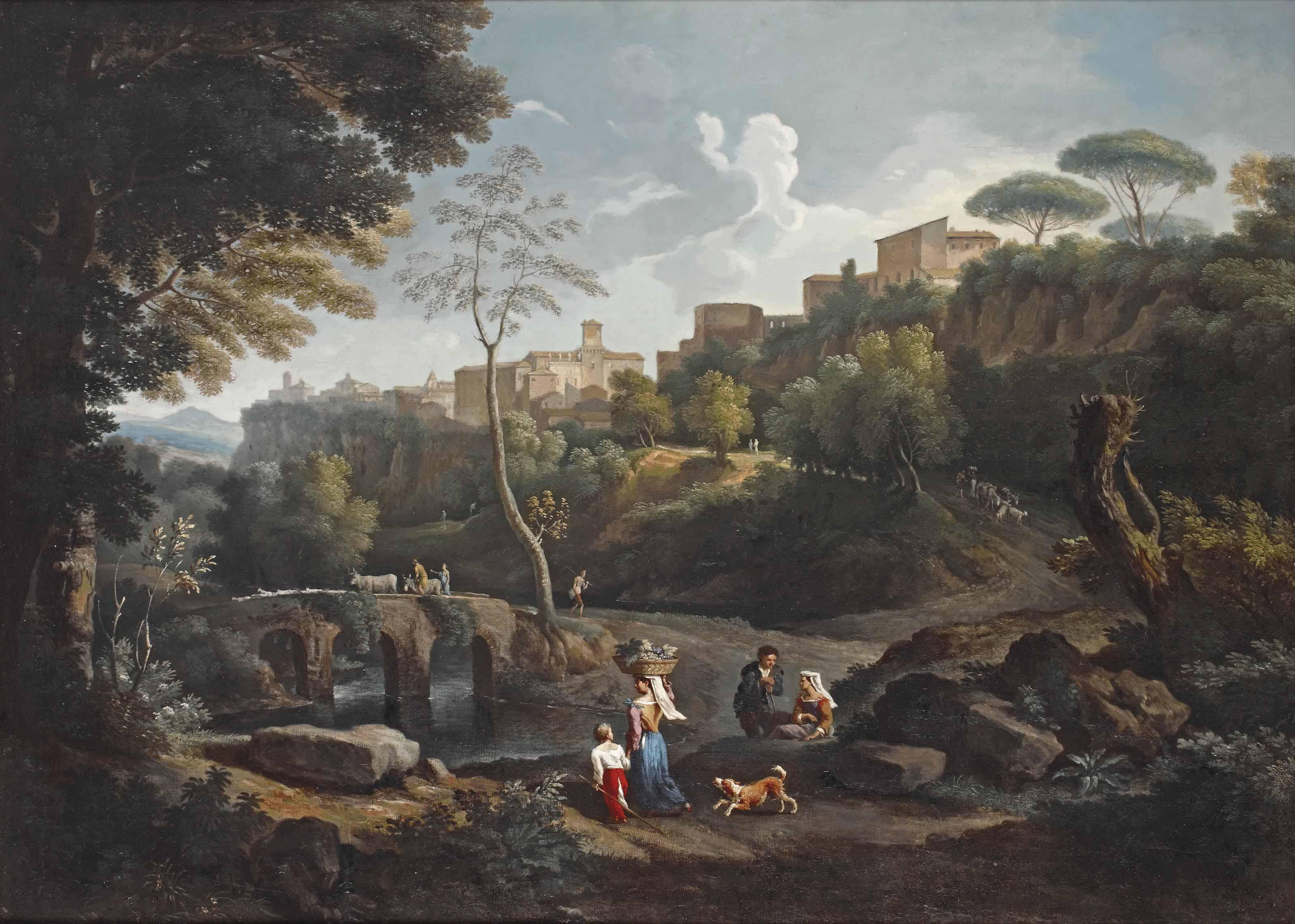 Andrea Locatelli - A Pastoral Landscape With A Woman Carrying A Basket Of Grapes, Figures Conversing, Herdsmen On A Bridge, And A Town On A Rock In The Near Distance
