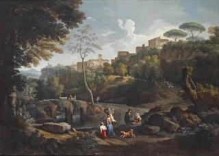 Andrea Locatelli - A Pastoral Landscape With A Woman Carrying A Basket Of Grapes, Figures Conversing, Herdsmen On A Bridge, And A Town On A Rock In The Near Distance