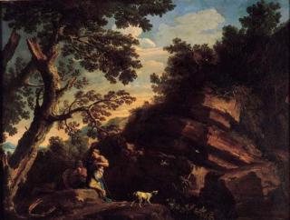 Andrea Locatelli - A rocky river landcsape with figures conversing beneath a tree and a dog barking at flying birds