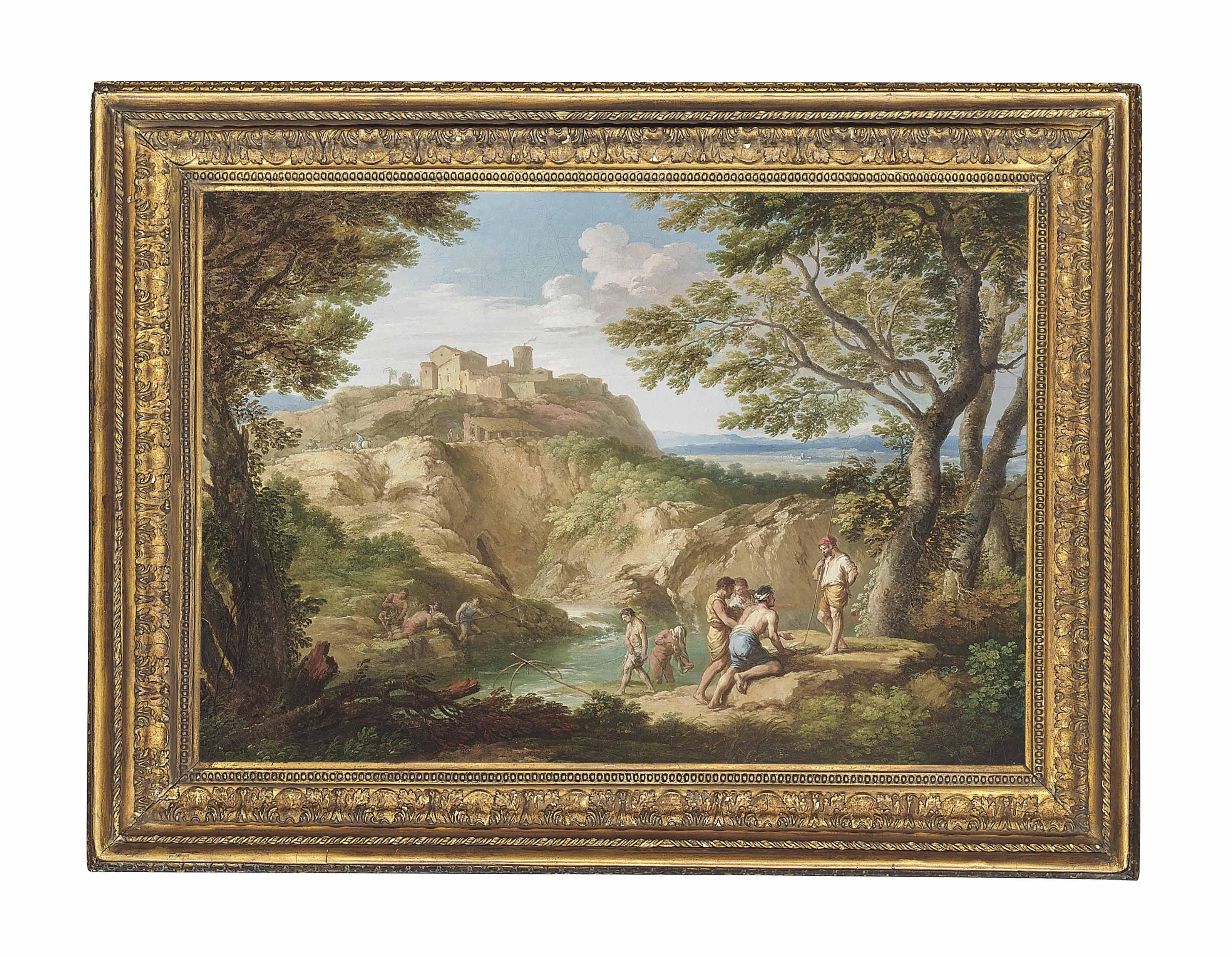 Andrea Locatelli - A wooded river landscape with fisherman on the shore, a town on a hilltop beyond