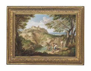 Andrea Locatelli - A wooded river landscape with fisherman on the shore, a town on a hilltop beyond