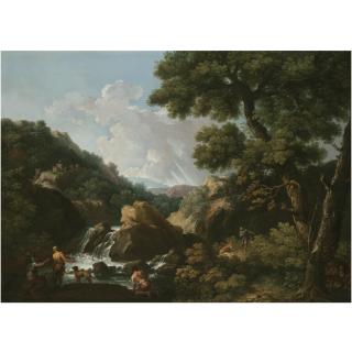 Andrea Locatelli - A Wooded River Landscape With Fishermen