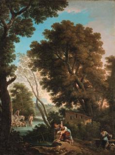 Andrea Locatelli - An arcadian landscape with washerwomen, a shepherd and sheperdess crossing a stream beyond