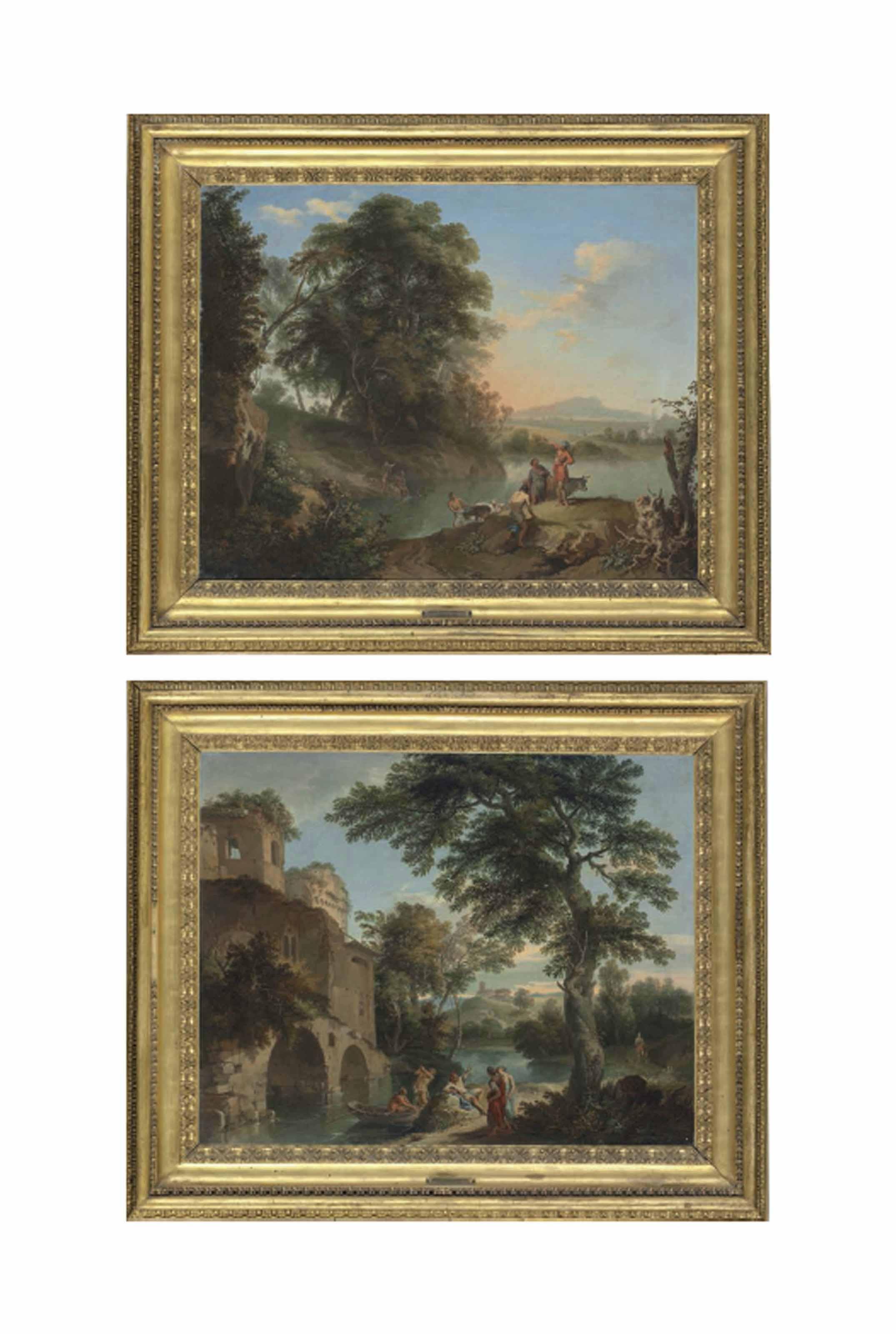 Andrea Locatelli - An Italianate landscape with figures resting by a stream near a ruined castle; and An Italianate landscape with herdsmen and their cattle and goats by a stream