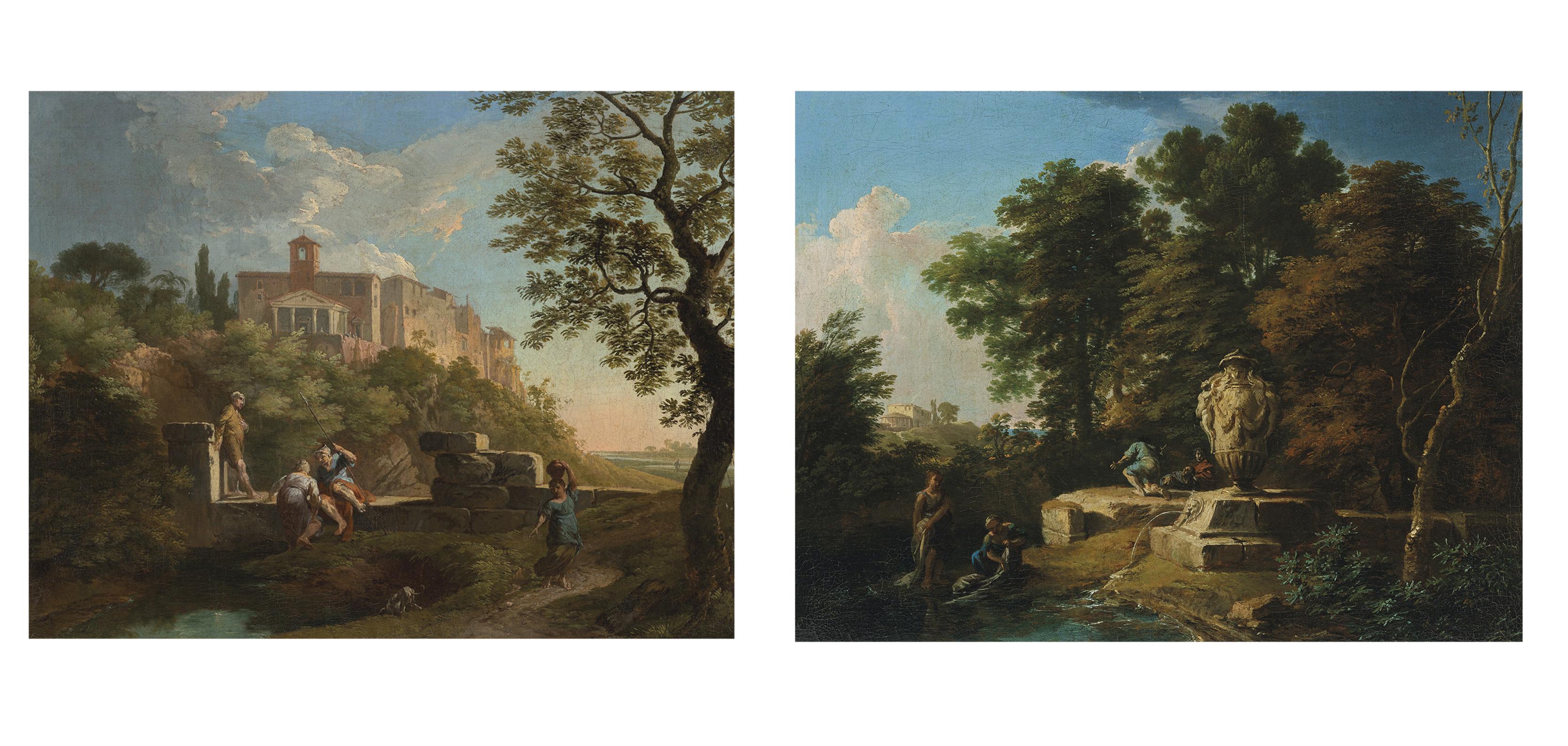 Andrea Locatelli - An Italianate landscape with figures resting by a wall, a town in the distance; and An Italianate landscape with washerwomen and shepherds by a fountain