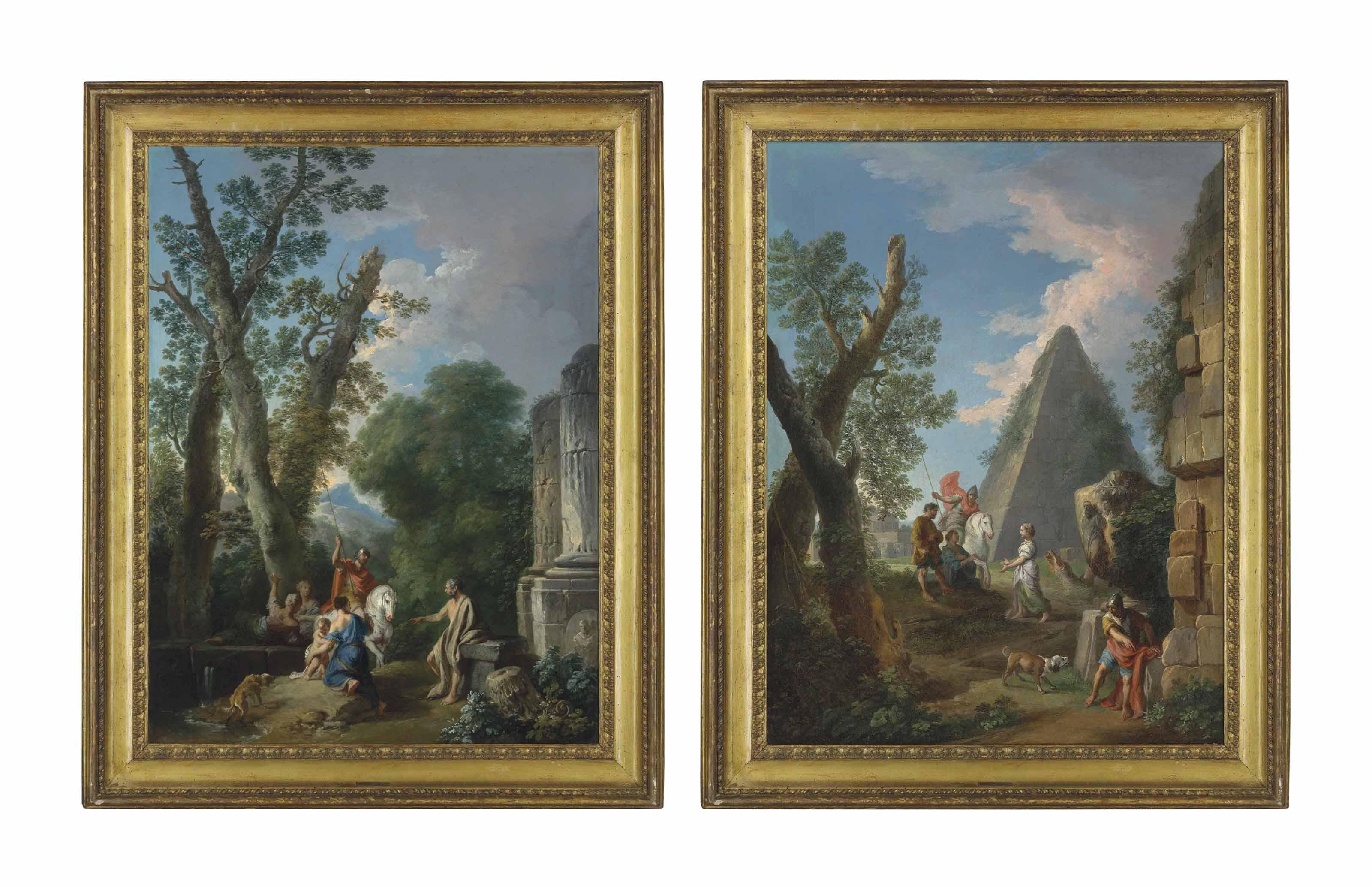 Andrea Locatelli - An Italianate wooded landscape with classical ruins, a centurion with other figures and a dog; and A capriccio  of a pyramid with two centurions, three figures and a dog, classical ruins beyond