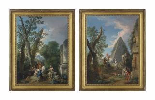 Andrea Locatelli - An Italianate wooded landscape with classical ruins, a centurion with other figures and a dog; and A capriccio  of a pyramid with two centurions, three figures and a dog, classical ruins beyond