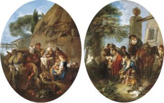 Andrea Locatelli - Peasants Eating And Drinking By A Cottage; And A Hunting Party Resting In A Wooded Landscape