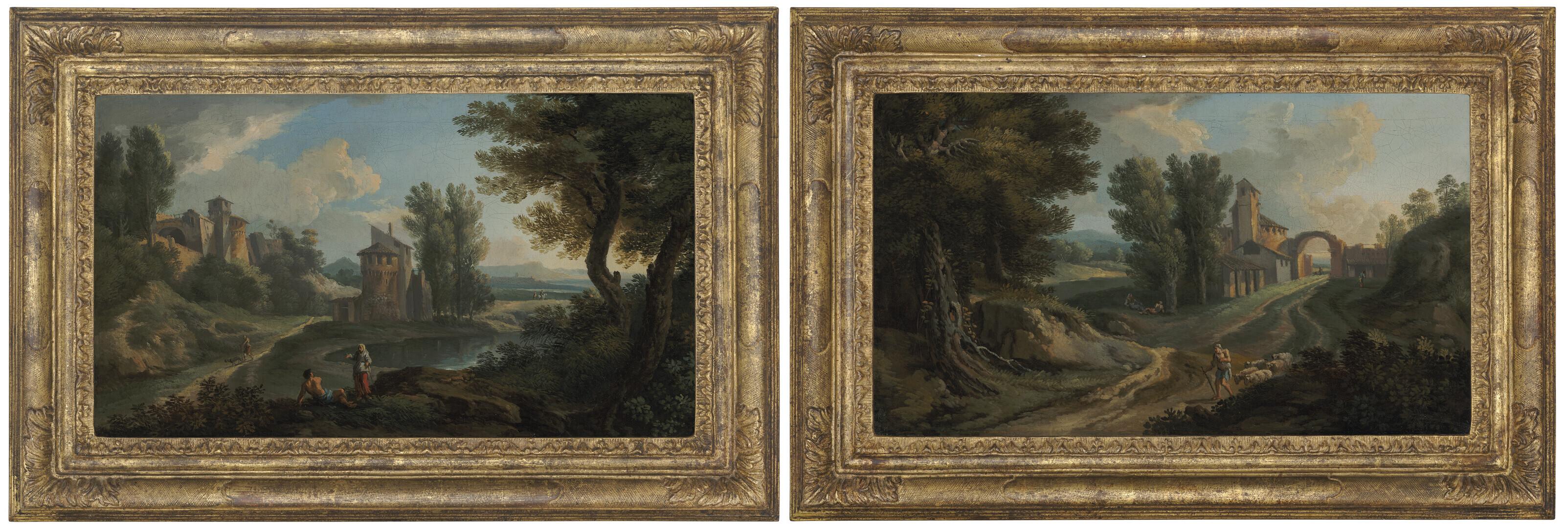 Andrea Locatelli - Travellers resting beside and lake; and A shepherd on a wooded path