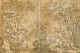 Andrea Locatelli - Un Paysage Boisé Avec Des Figures Devant Une Cascade; Et Un Paysage Avec Un Homme Et Une Femme Au Premier Plan, Deux Cavaliers Et Un Voyageur Sur Un Chemin