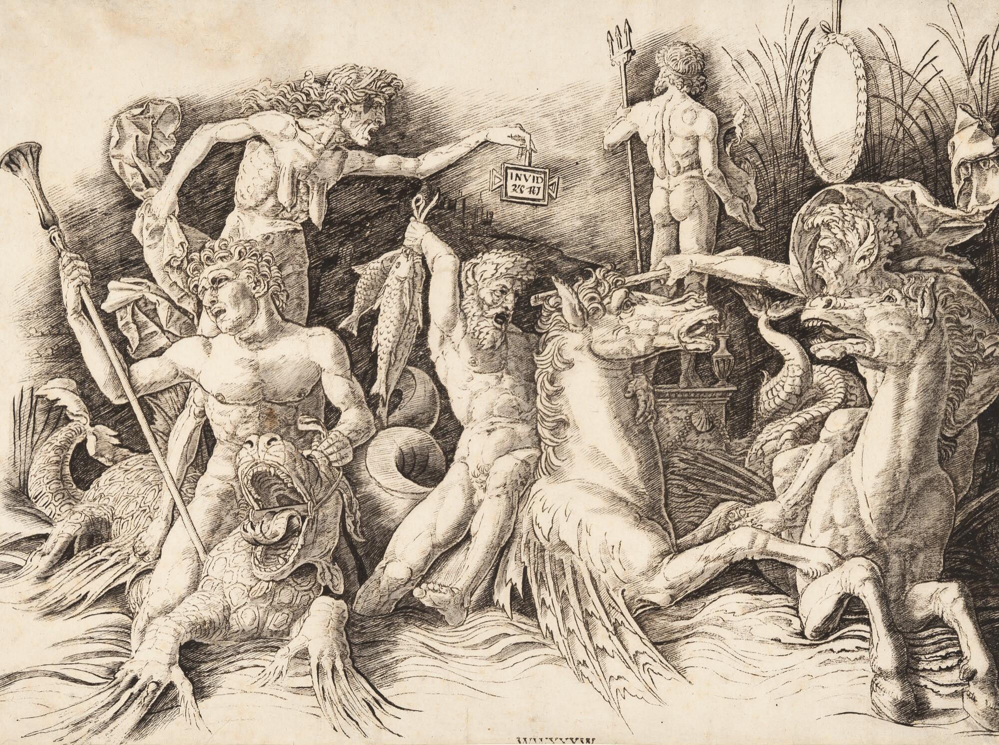 Andrea Mantegna - Kampf der Seegötter (linke Hälfte)