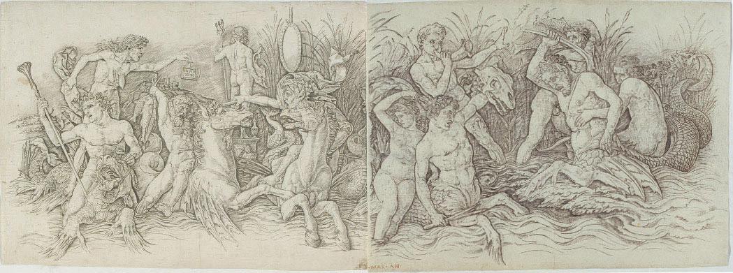 Andrea Mantegna - The Battle of the Sea Gods (Bartsch 17 & 18; Hind 5 & 6; Martineau 79)