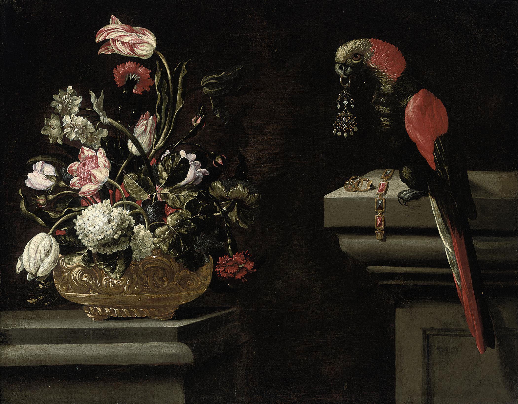 Andrea Scacciati I - Parrot tulips, hydrangeas, carnations and other flowers in an urn with a parrot holding an earring in its beak on a ledge