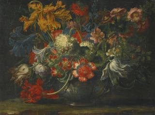 Andrea Scacciati - A Still Life Of Flowers In A Blue-And-White Porcelain Bowl, Resting On A Stone Ledge