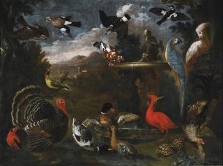 Andrea Scacciati - An Ornamental Fountain With Parrots, Ducks, A Turkey, Falcon And Other Birds Together With Two Tortoises, An Extensive Landscape Beyond