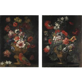 Andrea Scacciati - Natura Morta Con Vaso Di Fiori E Un Pappagallo; Natura Morta Con Vaso Di Fiori