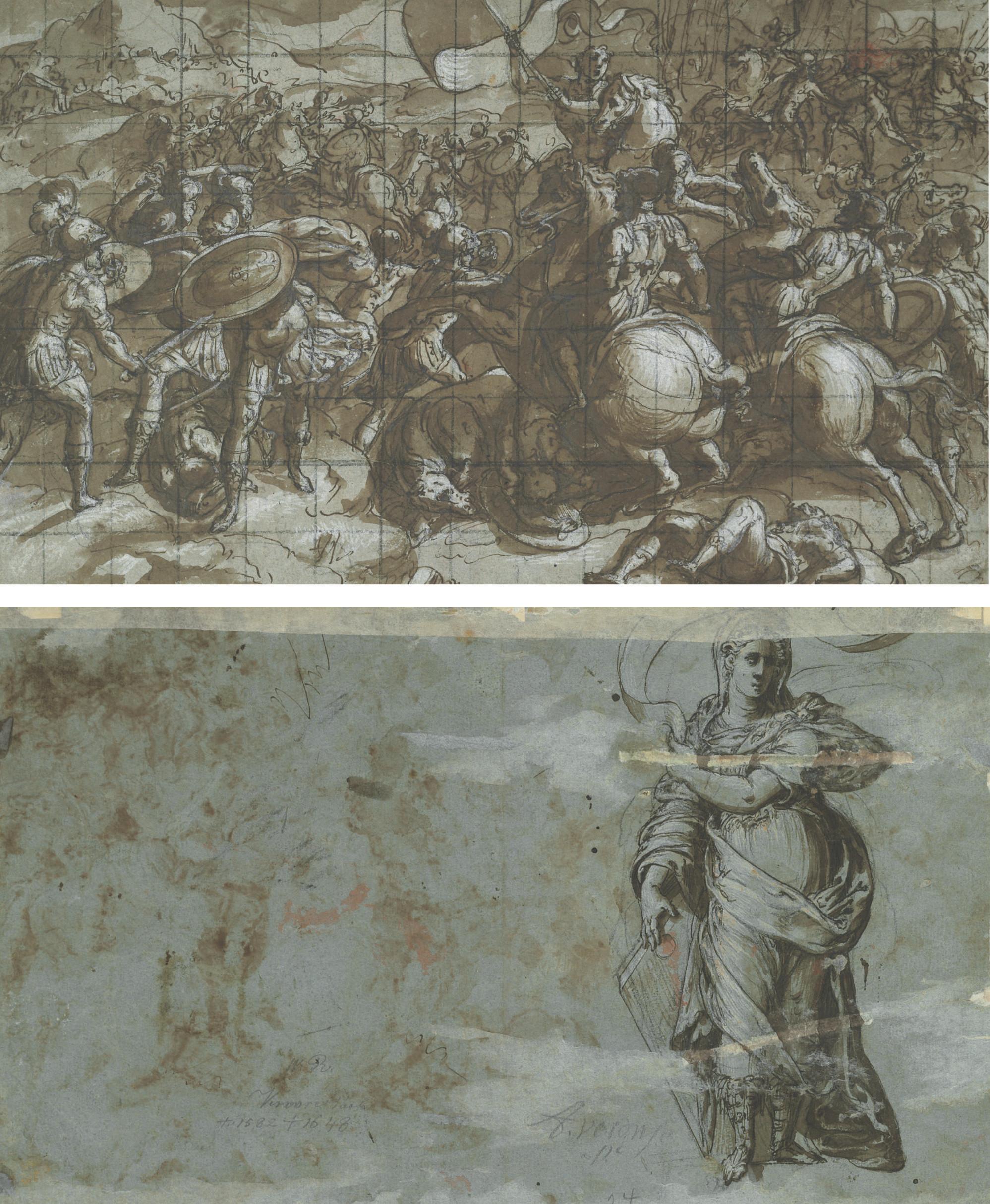Andrea Semino - A battle between cavalry and infantry (recto); A standing female figure, heavily draped, holding a banner (verso)
