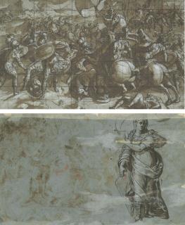 Andrea Semino - A battle between cavalry and infantry (recto); A standing female figure, heavily draped, holding a banner (verso)
