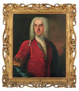 Andrea Soldi - Portrait of a gentleman, half-length, in a red coat with gold embroidered cuffs and blue wrap, in a landscape