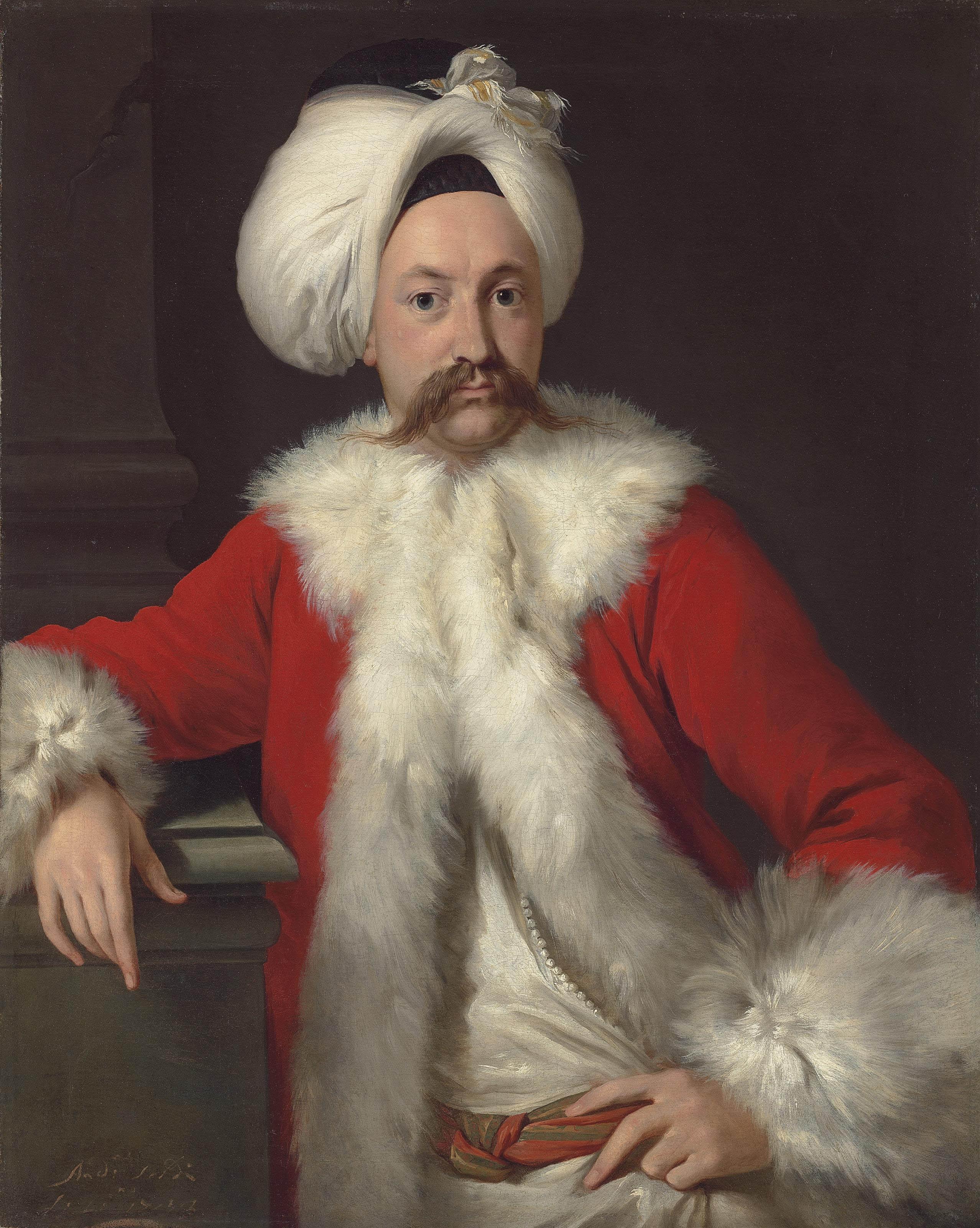 Andrea Soldi - Portrait of a gentleman, possibly Richard Salwey, half-length, in a fur-trimmed red coat and a turban, leaning on a plinth