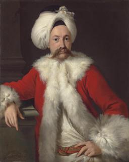 Andrea Soldi - Portrait of a gentleman, possibly Richard Salwey, half-length, in a fur-trimmed red coat and a turban, leaning on a plinth