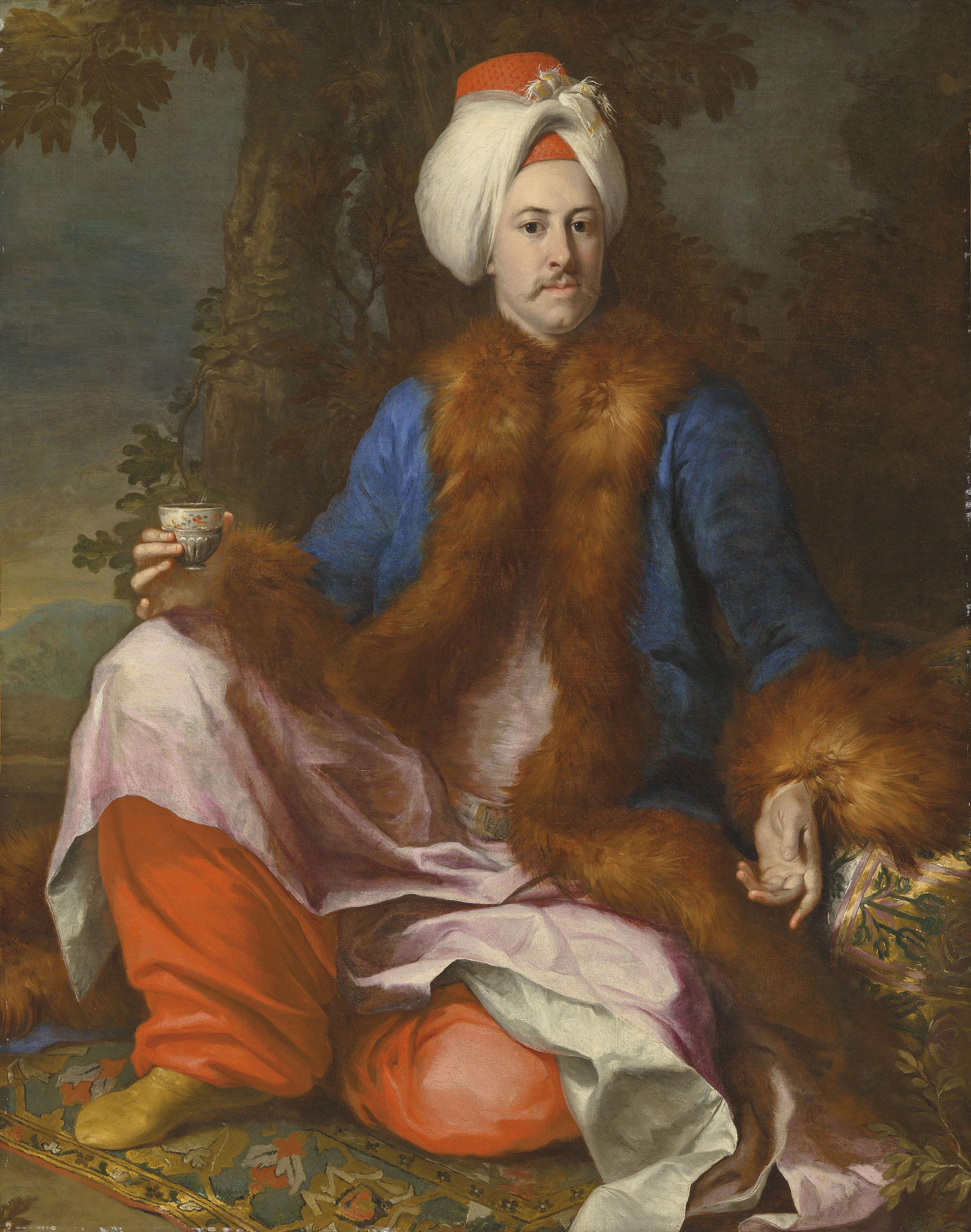 Andrea Soldi - Portrait of a merchant of the Levant Company in Turkish dress, seated on a Turkish carpet