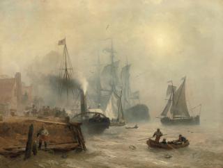 Andreas Achenbach - A moored steamer at a busy quay
