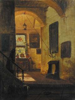 Andreas Achenbach - A sunlit interior with a servant coming down the stairs