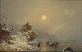Andreas Achenbach - A winter landscape with hunters on the ice