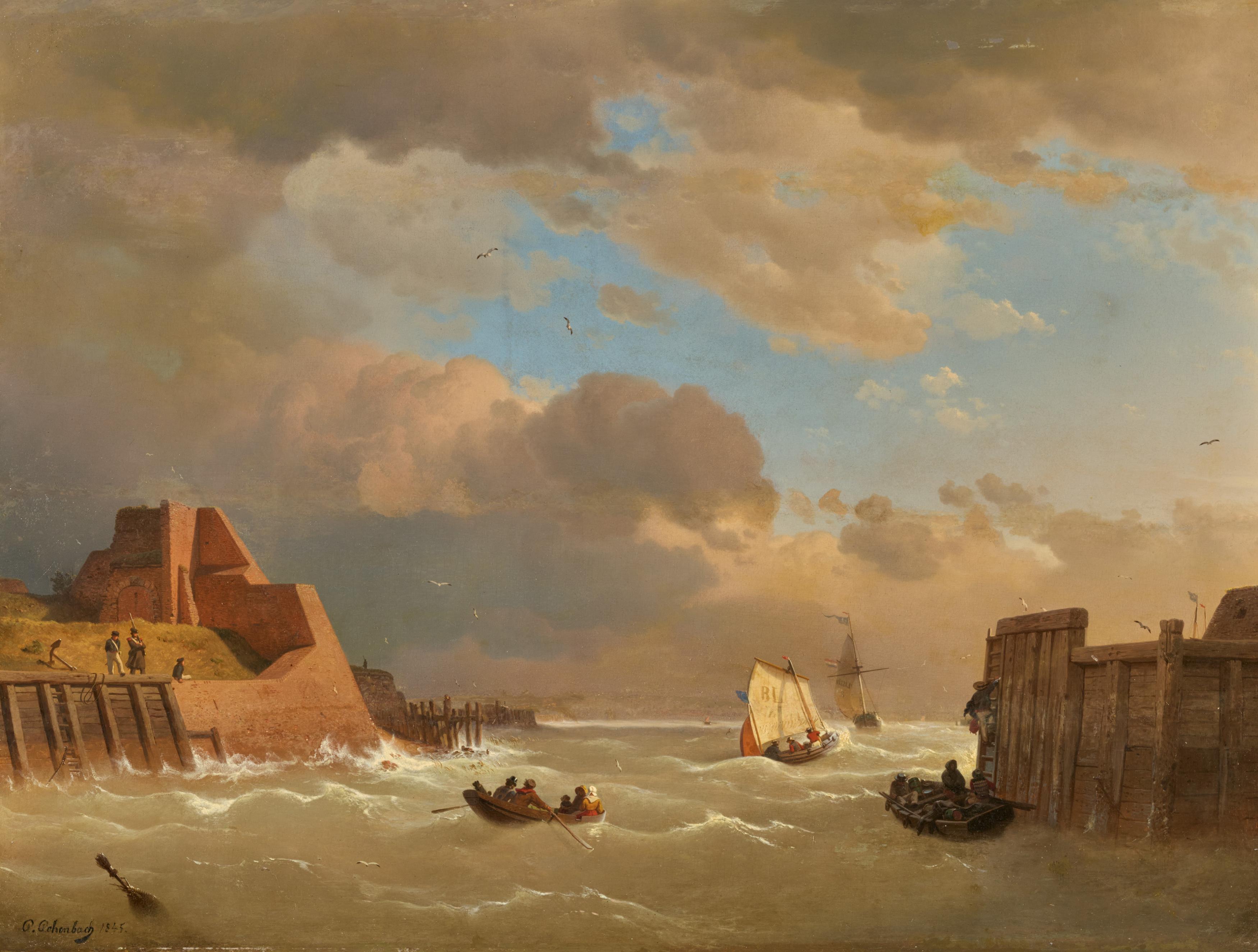 Andreas Achenbach - Befestigte Hafeneinfahrt in Holland.