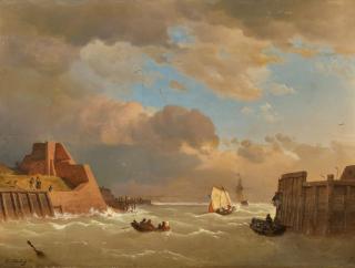 Andreas Achenbach - Befestigte Hafeneinfahrt in Holland.
