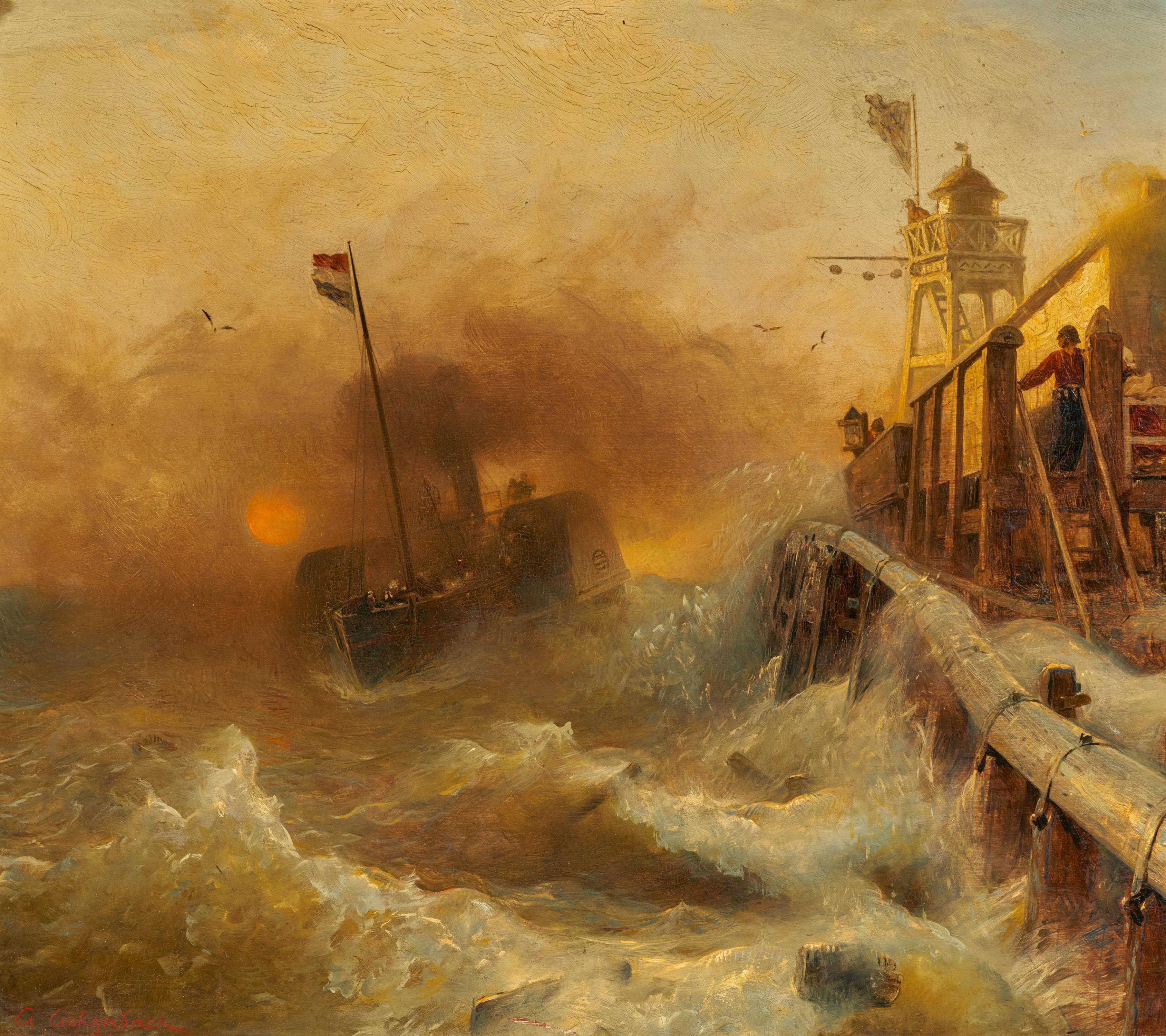 Andreas Achenbach - Dampfer bei schwerer See vor der Mole bei Oostende.