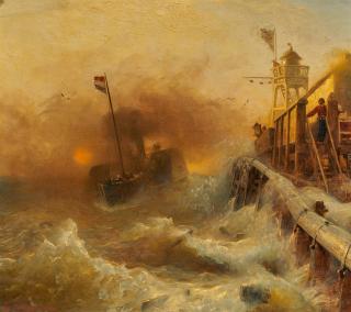 Andreas Achenbach - Dampfer bei schwerer See vor der Mole bei Oostende.