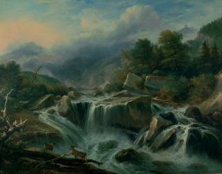 Andreas Achenbach - Gebirgsbach mit Rotwild.