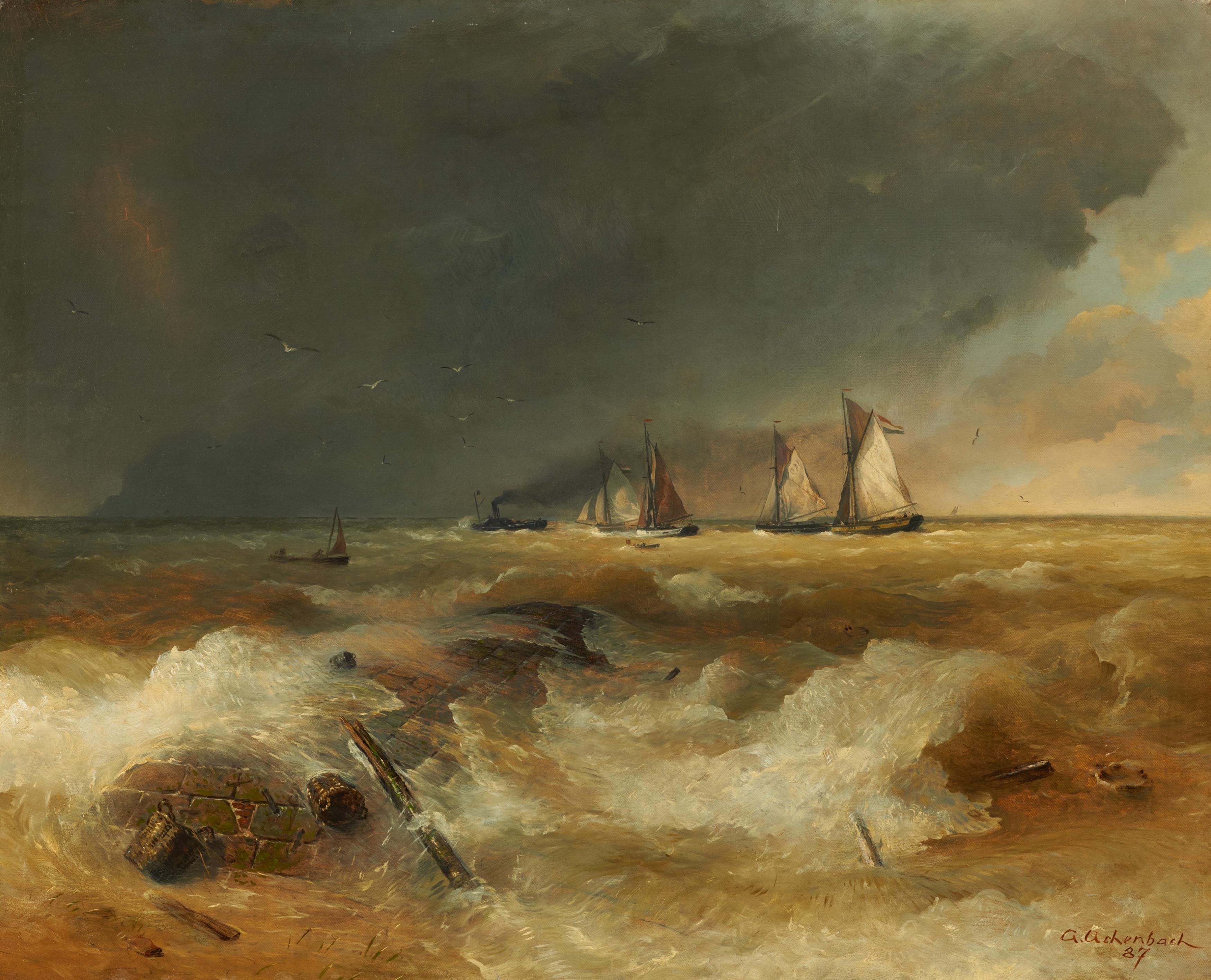 Andreas Achenbach - Küstensegler und Dampfboot im aufkommenden Sturm.
