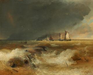 Andreas Achenbach - Küstensegler und Dampfboot im aufkommenden Sturm.