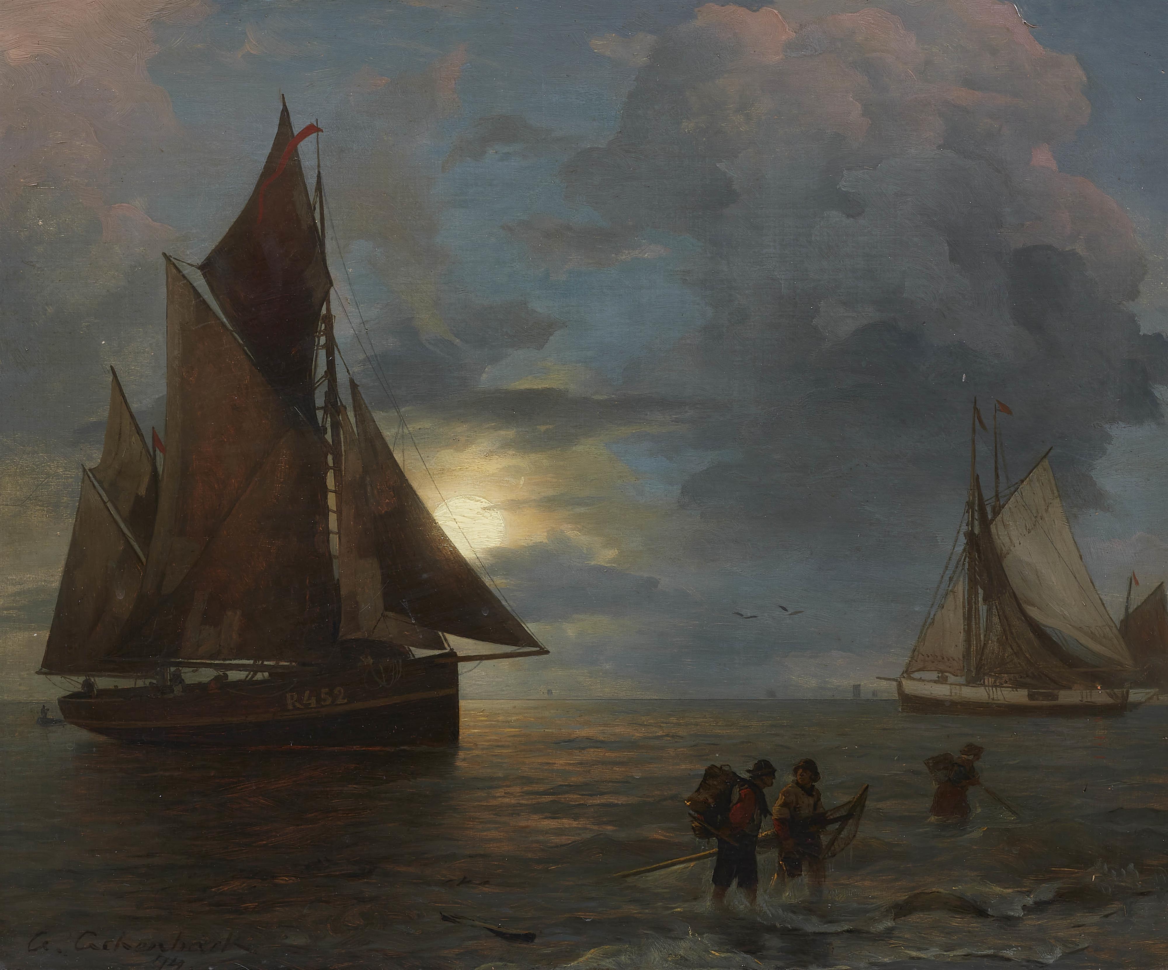 Andreas Achenbach - Mondbeschienene Küstenlandschaft mit Segelschiffen