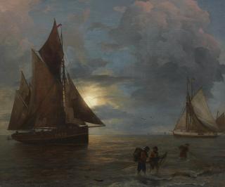 Andreas Achenbach - Mondbeschienene Küstenlandschaft mit Segelschiffen