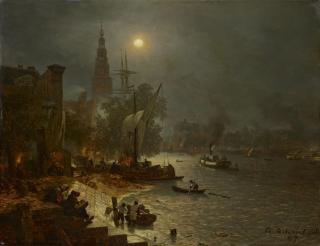 Andreas Achenbach - Nächtliches Treiben im Hafen von Amsterdam