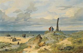 Andreas Achenbach - Sonniger Tag an der holländischen Küste mit Fischern am Strand.
