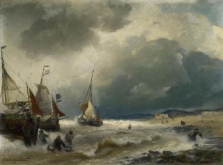 Andreas Achenbach - Strandansicht mit anlandenden Segelschiffen