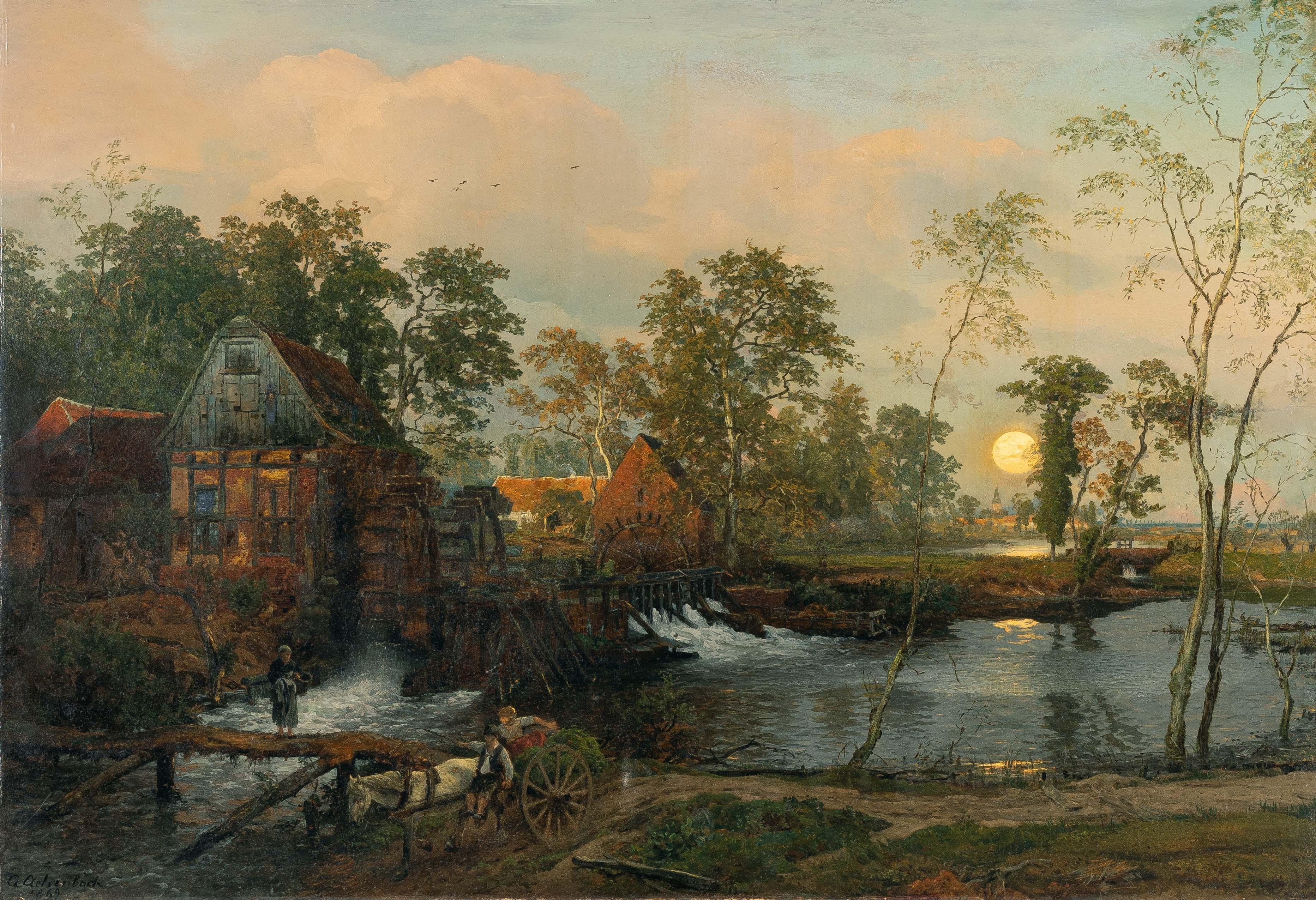 Andreas Achenbach - Vollmondlandschaft mit Wassermühle und Wehr