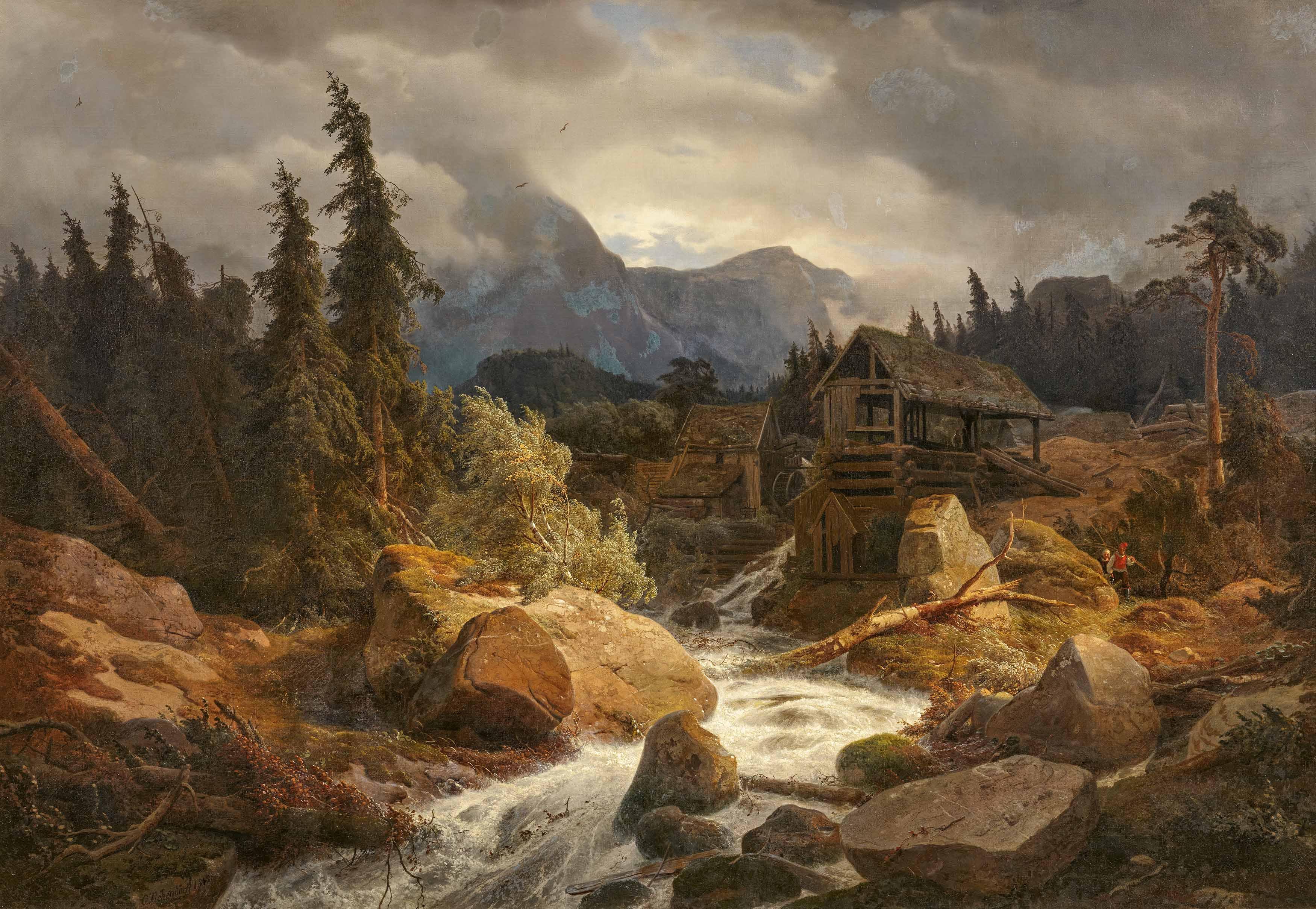 Andreas Achenbach - Wildbach mit Wassermühle in Norwegen.