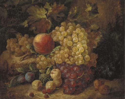 Andreas Lach - Grapes, a peach, green gages, medlars and a bee on a rockery