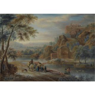 Andreas Martin - A Mountainous River Landscape With Figures Conversing On A Path, Near A Classical Building
