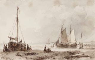 Andreas Schelfhout - A beach scene with boats and figures